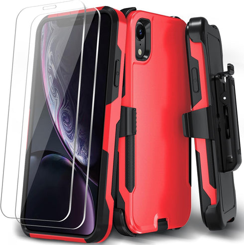 iPhone XR Phone Case with Shockproof Belt Clip Kickstand & 2X Tempered Glass Screen Protector, Heavy Duty Red Cover