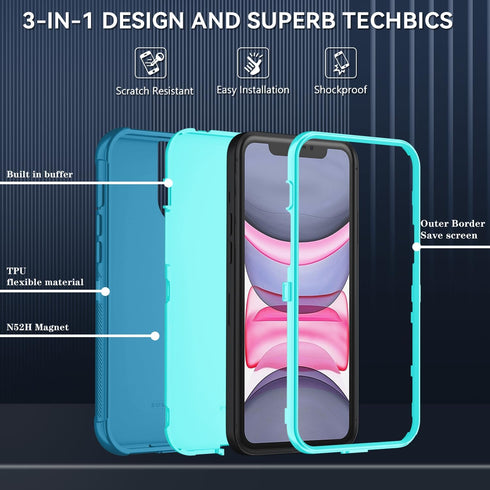 SunStory 11 3-Layer Cover,3 1 11 6.1",LakeSkyBlue Compatible with iPhone Case with HD Screen Protector, Heavy Duty
