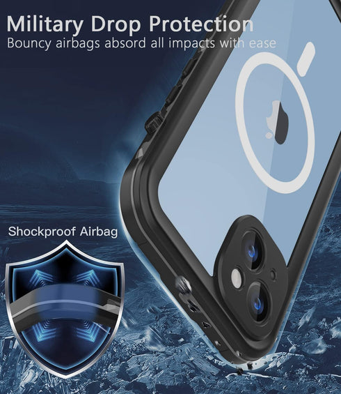 iPhone 14 Waterproof Case, Shockproof Dustproof with Built-in Screen Protector, Magnetic Ring (Black)