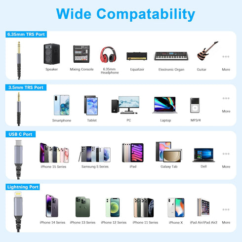 Lightning to 1/4 TRS Audio Stereo Cable, 3 in 1 to 1/4 Male Aux Audio Cord Compatible with iPad, iPhone 13 Pro for