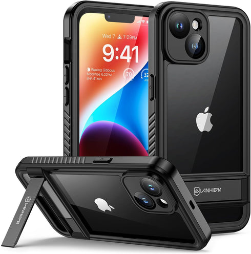 Lanhiem iPhone 14 Case with Kickstand, IP68 Waterproof Dustproof with Built-in Screen Protector, Full Body Shockproof