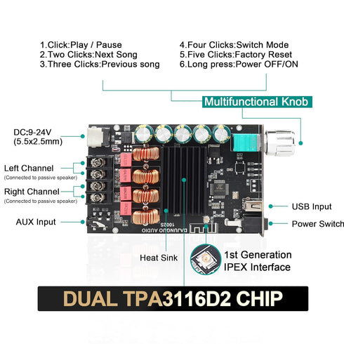 1002S 2.0 Bluetooth Amplifier Board with Dual TPA3116D2 Chips, 100W+100W Power Output (1002S)