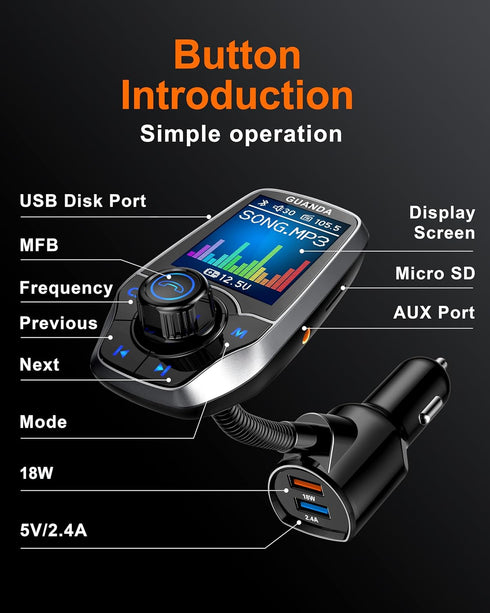 Upgraded Bluetooth FM Transmitter for Car, Wireless Radio Adapter Kit with 1.8" Color Display, Fast Charging