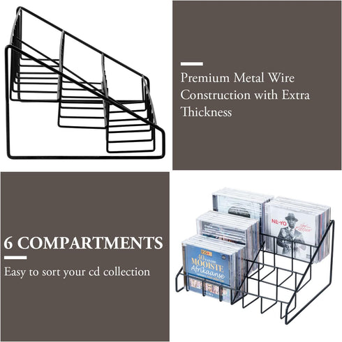 MyGift 3-Tier Modern Matte Black Metal Wire CD Storage Rack, Tabletop Media Organizer, Set of 2