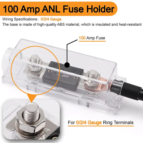 4 Gauge Wire (25ft Each - Black/Red) Copper Clad Aluminum CCA, 100A ANL Fuse Holder, 10pcs Lugs Terminal Connectors and
