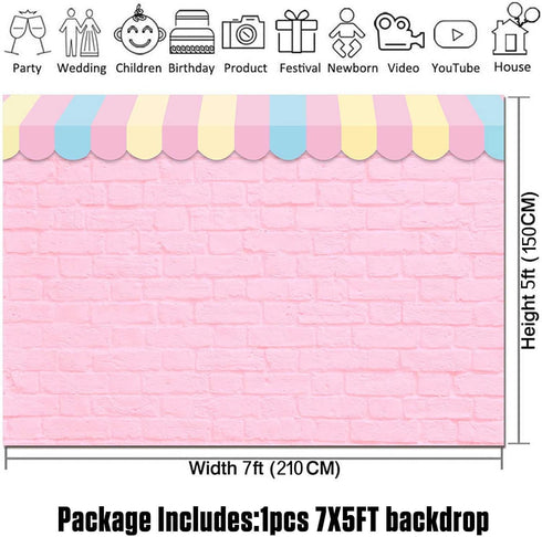 HQM 7X5ft Pink Brick Wall Ice Cream Parlor Photography Background Fabric Princess Girl Kids Baby Girl Birthday Party