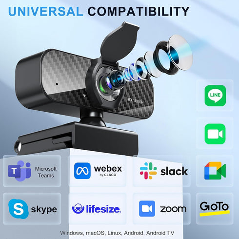 ILAOLIU 1080P Webcam Full HD with Built-in Microphone and Rotatable Tripod, Carbon Fiber Board and Privacy Cover, Auto