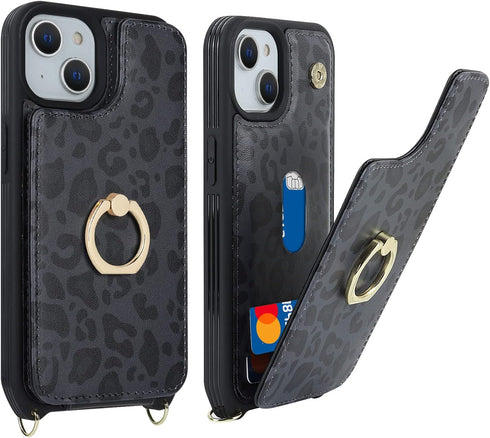 iPhone 13 Case with Card Holder for Women, Phone Case with Strap, Crossbody Lanyard, Ring Stand, Snap Clasp, Cute