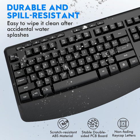 E-YOOSO Wireless Keyboard and Mouse Combo - 2.4GHz Full-Sized Ergonomic Keyboard with Wrist Rest, USB Mouse