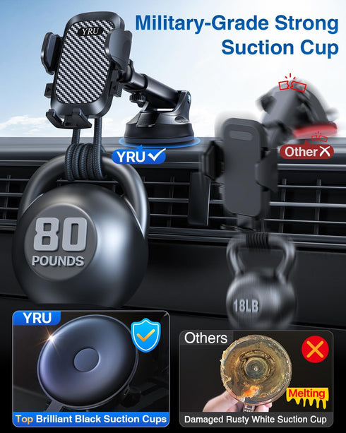 YRU 2024 Ultimate Car Phone Holder Mount, 80+LBS Safest Strongest Rotatable Suction, Dashboard Windshield for iPhone,