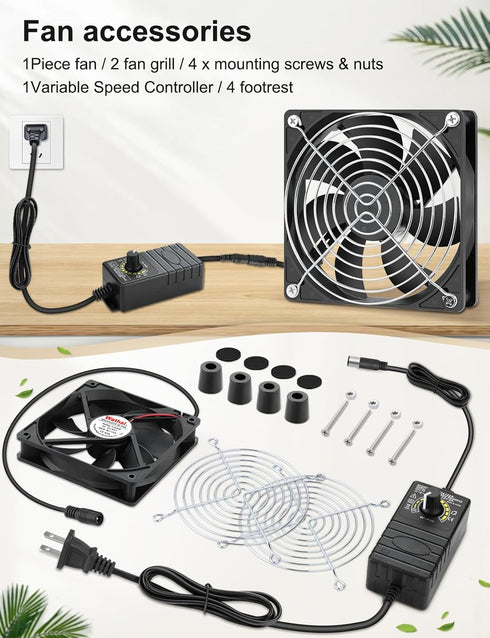 Wathai 120mm x 25mm Waterproof Small Box Fan IP67 12V with AC Plug Speed Controller for Biltong Box, Aquarium