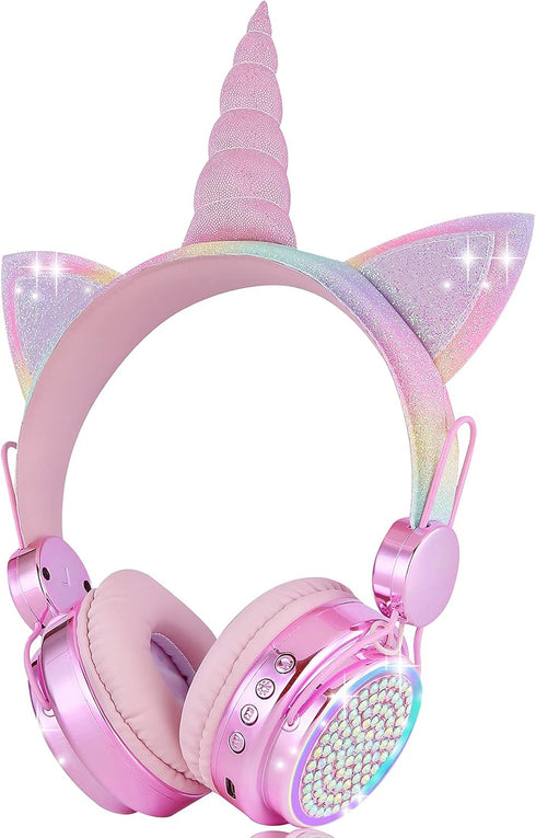 Kids Wireless Headphones - LED Light Up Bluetooth Unicorn Headphones with Microphone for School/Xmas/Online Study