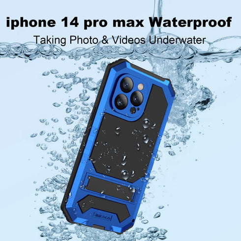 JGY iPhone 14 Pro Max IP68 Waterproof Case, Military Metal Stand Case with Screen Protector, Slim Full Cover, Blue