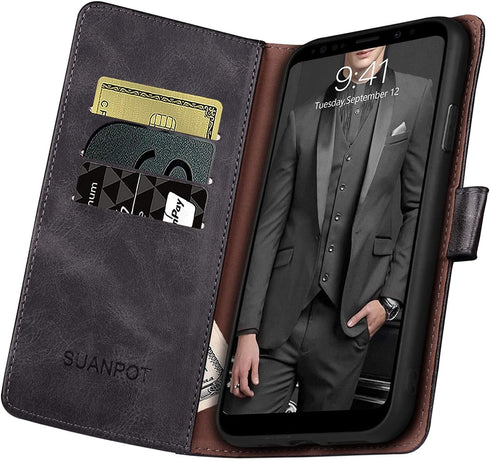 SUANPOT Leather Wallet Case for Samsung Galaxy S9 5.8" (Non S9+) - RFID Blocking Credit Card Holder, Shockproof Flip