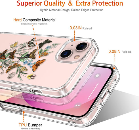 GiiKa iPhone 13 Case with Screen Protector, Clear Protective Floral Shockproof Hard Case with TPU Bumper