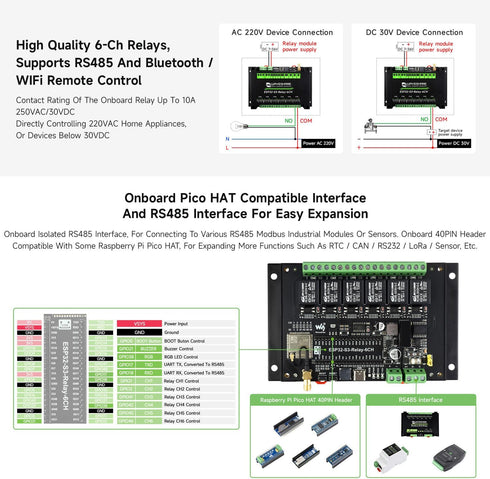 Waveshare Industrial 6-Channel ESP32-S3 WiFi Relay Module, Supports WiFi/Bluetooth/RS485 Control, Multiple Isolation