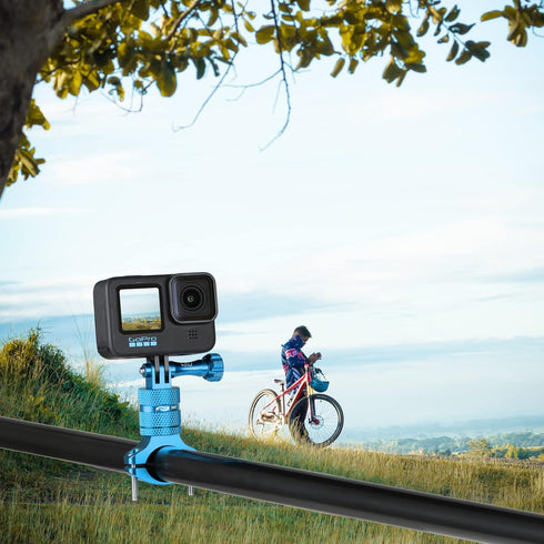 HSU Aluminum Bike Handlebar Mount for Gopro Hero 12/11/10/9/8/7/6/5/4 Session, 360 Degrees Rotary Rack Mount (Blue)