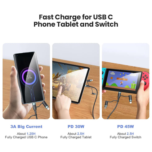 PD 60W USB C Multi Fast Charging Cable, 5-in-1 Nylon Braided Cord for Laptop/Tablet/Phone, 3A