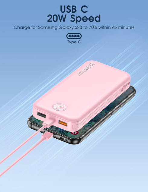 Portable Charger with Built-in Cable and AC Wall Plug, USB C Power Bank 12000mAh 22.5W Super Fast Charging for iPhone,