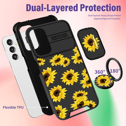 (2in1 Cute Girls Sunflower Kawaii Aesthetic Case for Samsung A14 5G, Black Design with Camera Cover and Ring Stand