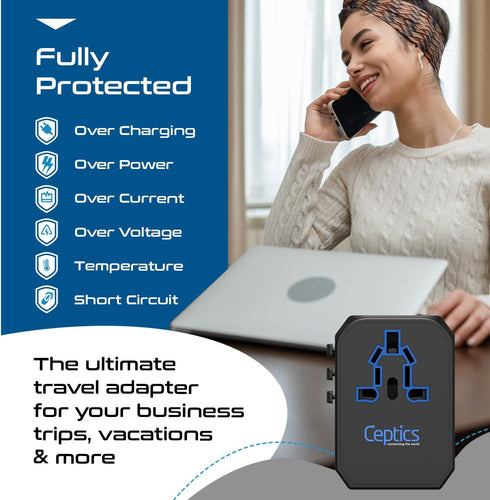 Ceptics Universal Travel Plug Adapter - 33W with PD & QC 3.0 USB-C Fast Charging, 2 USB Ports