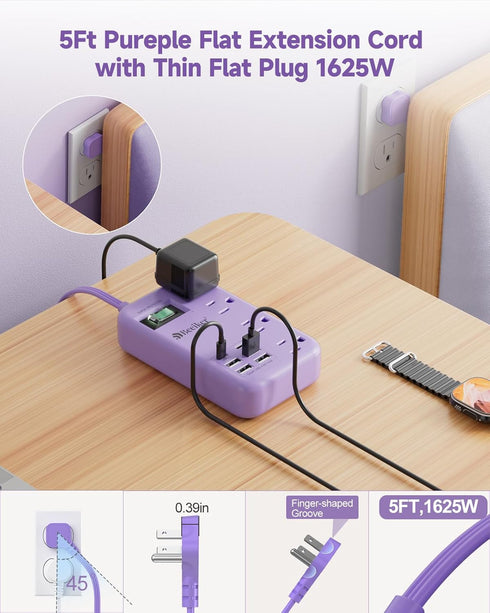 Beeiker 6 USB(2 5Ft 24W 4 USB C) Purple Travel Power Strip- Lavender Extension Cord with USB Charging Station