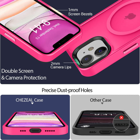 Hot Pink iPhone 11 Case: Shockproof, 13FT Drop Resistant, Translucent Matte, Strong Magnetic, Compatible with MagSafe.