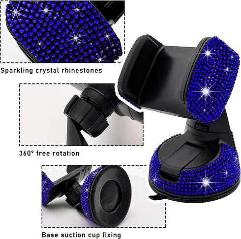 Bling Car Phone Holder, 360 Degree Adjustable Crystal Mount for Dashboard, Air Vent, Windshield (Royal Blue)