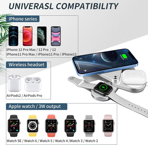 3 in 1 Detachable Magnetic Wireless Charger, 15W Fast Charging Station for iPhone 13/12, Foldable Stand for iWatch