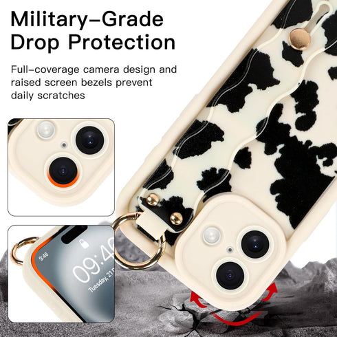 Jefonha 16 Compatible with iPhone Case with Finger Hand Strap for Girls Women, Cute Funny Milk Cow Phone Case