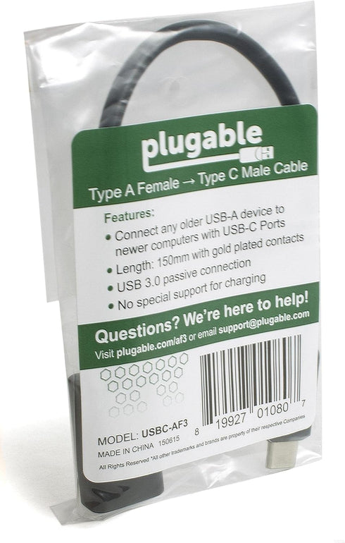 Plugable USB C to USB Adapter Cable - 8 inch / 20 cm, Driverless Technology for USB Type C Devices