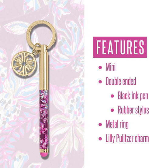 Lilly Pulitzer Keychain Pen with Stylus Tip, Mini Black Ink Ballpoint Pen for Tablets and Phones, Amarena Cherry