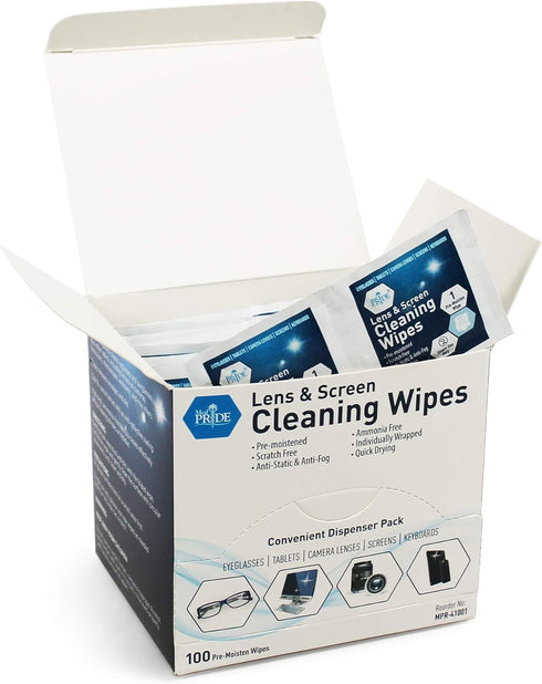 MED PRIDE Premoistened Lens Wipes, Anti-Static, Anti-Fog, Quick-Dry & Scratch-Free, 100 Cleaning Cloths