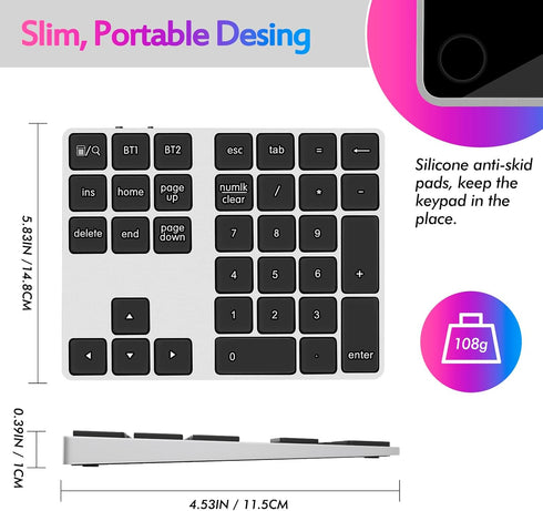 Foloda Bluetooth Number Pad for Laptop, Wireless Rechargeable 10 Key USB Numeric Keypad for Laptop PC Notebook