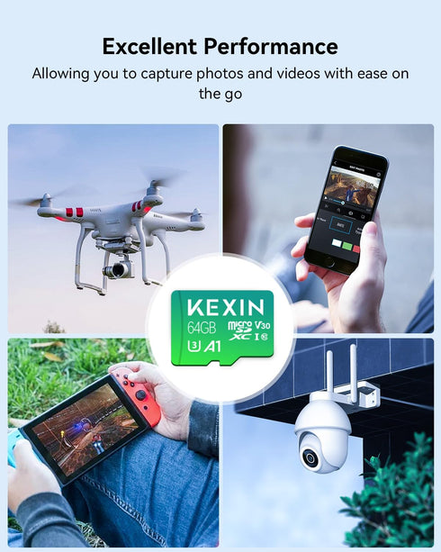 KEXIN 64GB Micro SD Card with Adapter, Up to 90MB/s 4K, V30, A1, C10, Compatible with Smartphone, Tablet, Drone