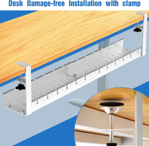 No Drilling Extendable Under Desk Cable Management Tray with Clamp, Retractable Power Strip Holder 31Inch (White)