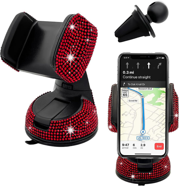 Bling Car Phone Holder, 360 Degree Adjustable Crystal Mount for Dashboard, Air Vent, Windshield (Red)