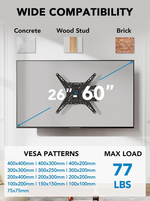 Pipishell Full Motion TV Wall Mount for 26-60 inch TVs, Swivel Tilt Extension, Holds up to 77 lbs