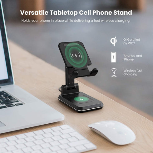 2 in 1 Wireless Charger, Dual Wireless Charging Desk Phone Stand, 10W Qi Fast-Charging Foldable Tablet Stand for iPhone