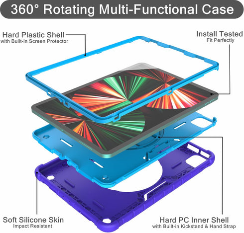 Kids Case for 10.9-inch iPad Air 5th/4th Generation (2022/2020)/iPad Pro 11-inch (2020/2018) with Built-in Screen Protector, 360° Rotating Stand, Hand Strap & Three Layer Cover (Violet + Blue) by Maison