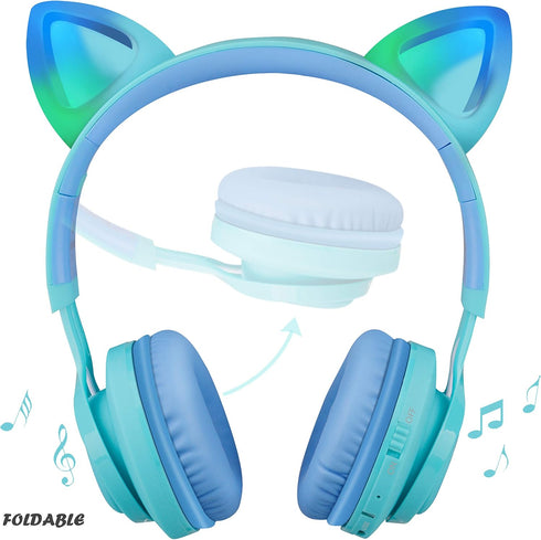 Riwbox Kids Headphones, CT-7S Cat Ear Bluetooth Headphones, 85dB Volume Limiting, LED Light Up Over Ear with Microphone
