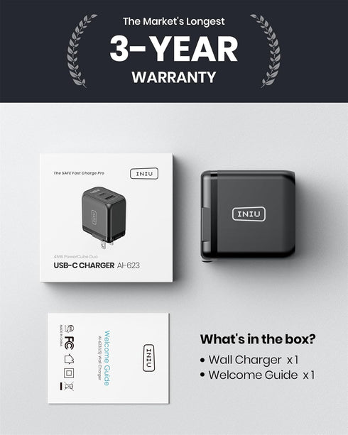 INIU 2-Port 45W S23 16 15 14 USB C Charger, Super Fast Charger Type C, Mini Foldable PD PPS USB C Wall Charger Block by