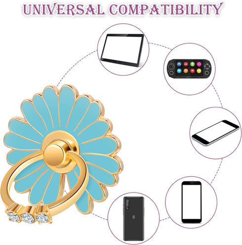 Cute Daisy Finger Kickstands, 4 Pcs Metal Round 180°/360° Rotation Cell Phone Ring Holders with Knob Loop