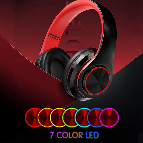 Bluetooth Wireless Over Ear Headphones, HiFi Stereo Sound Foldable Headphones with Colorful LED Lights, Built-in Mic,