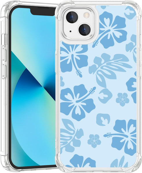Blue Hibiscus Phone Case for iPhone 13 6.1 Inch, Shockproof TPU Clear Cute Blue Flower Design