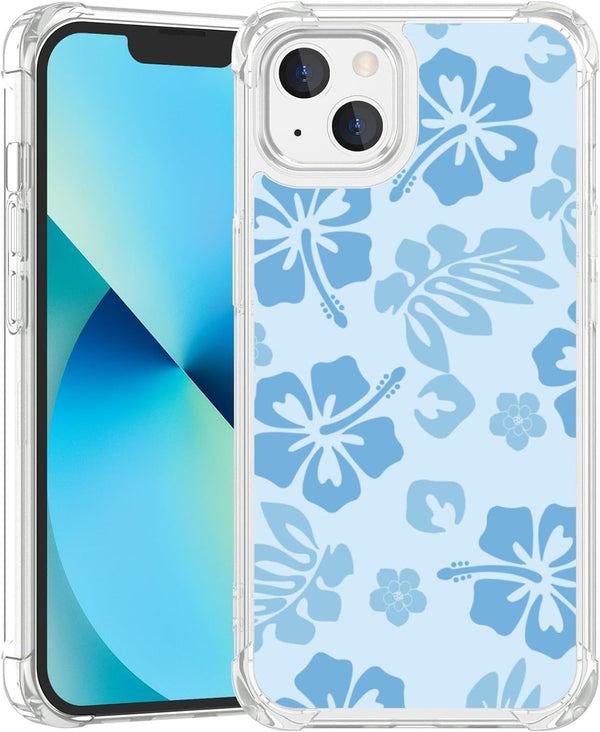 Blue Hibiscus Phone Case for iPhone 13 6.1 Inch, Shockproof TPU Clear Cute Blue Flower Design