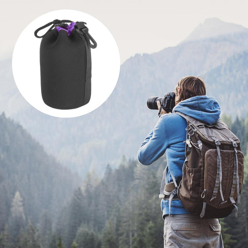 PATIKIL 3.5" ID x 7.1" H Camera Lens Bag, Drawstring Pouch with Thick Protective Neoprene, Black, Purple