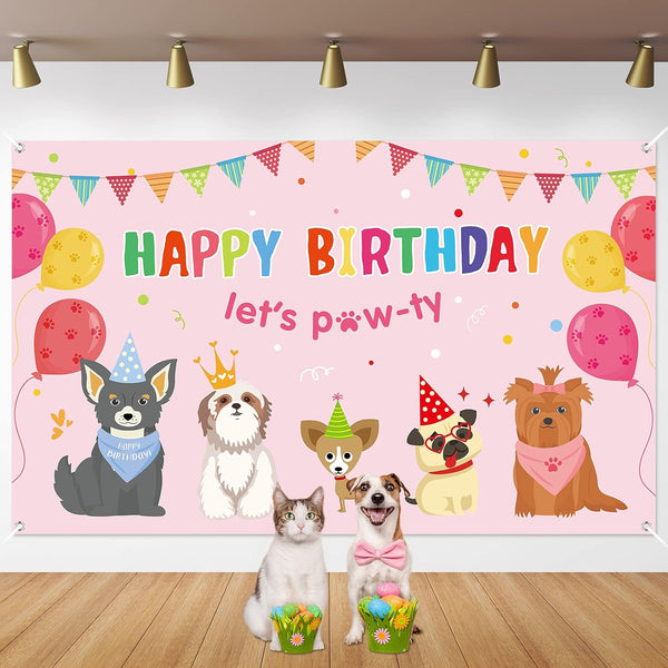 Dog Girl Party Decorations, Pink Puppy Dog Themed Birthday Supplies, Lets Party Banner Backdrop for Kids Photography