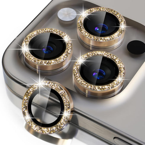 Gold Glitter Camera Lens Protector for iPhone 15 Pro/Pro Max - 9H Tempered Glass with Metal Ring Decoration.
