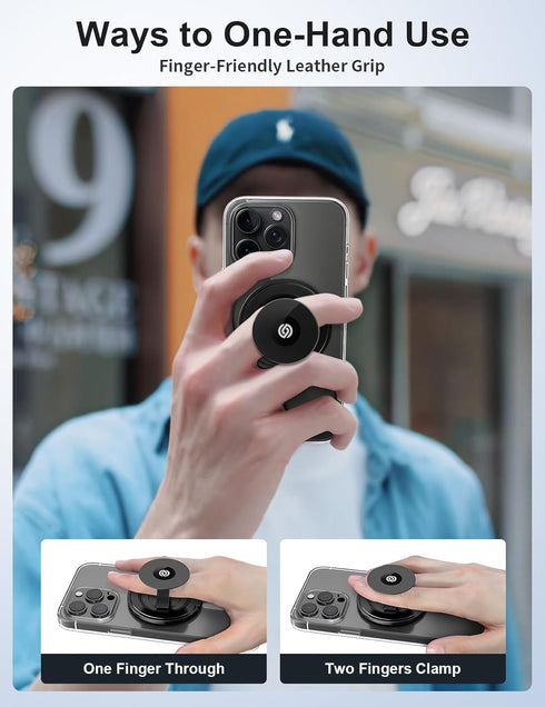 EWA MagOne Ultra Phone Grip Stand - Black, Leather Finger Strap, Removable Magnetic Ring Holder